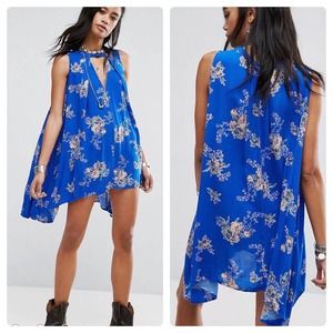 Free People Snap Out Of It Tree Swing Tunic Blue Floral Mini Dress Large NEW $93